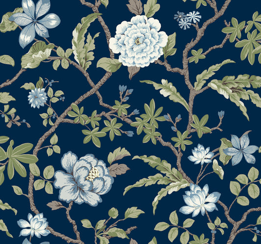 York Wallcoverings Astoria Courtyard Botanical Navy Wallpaper Traditional Botanical Blues   - MX9652