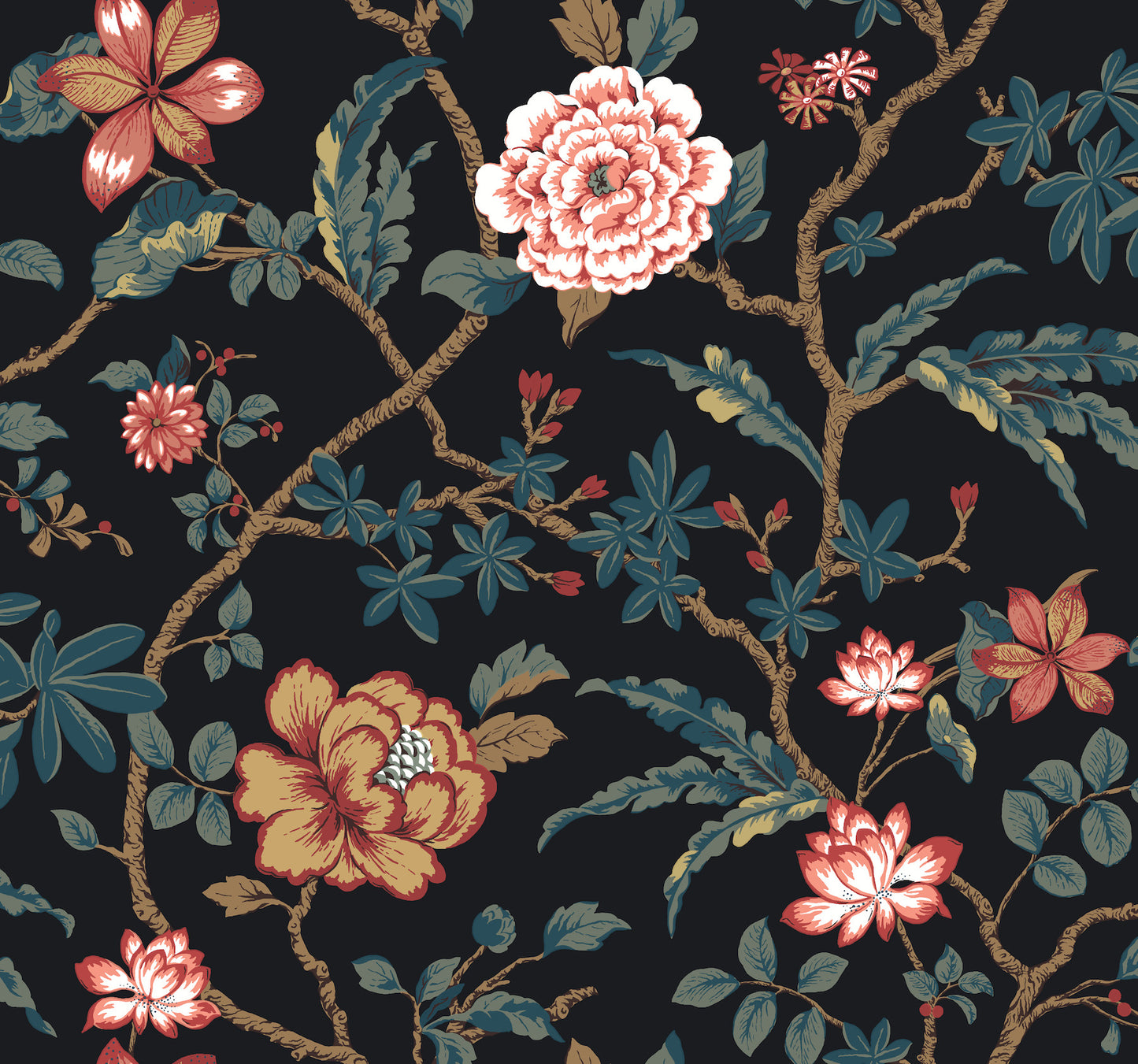 York Wallcoverings Astoria Courtyard Botanical Scarlet Wallpaper Traditional Botanical Blacks   - MX9656
