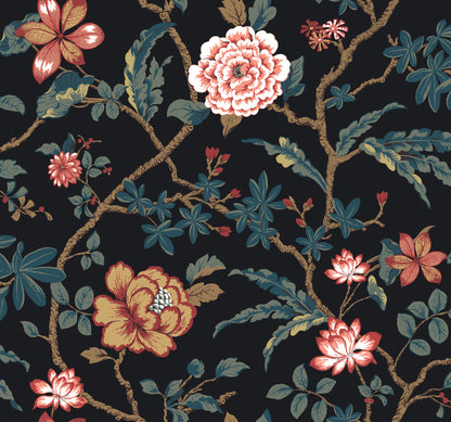 York Wallcoverings Astoria Courtyard Botanical Scarlet Wallpaper Traditional Botanical Blacks   - MX9656