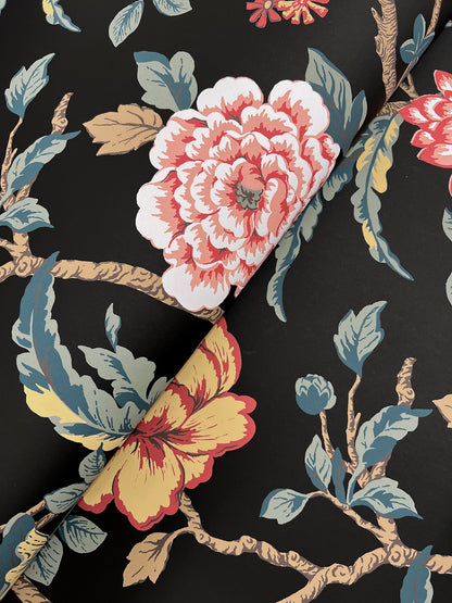 York Wallcoverings Astoria Courtyard Botanical Scarlet Wallpaper Traditional Botanical Blacks   - MX9656