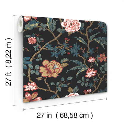 York Wallcoverings Astoria Courtyard Botanical Scarlet Wallpaper Traditional Botanical Blacks   - MX9656