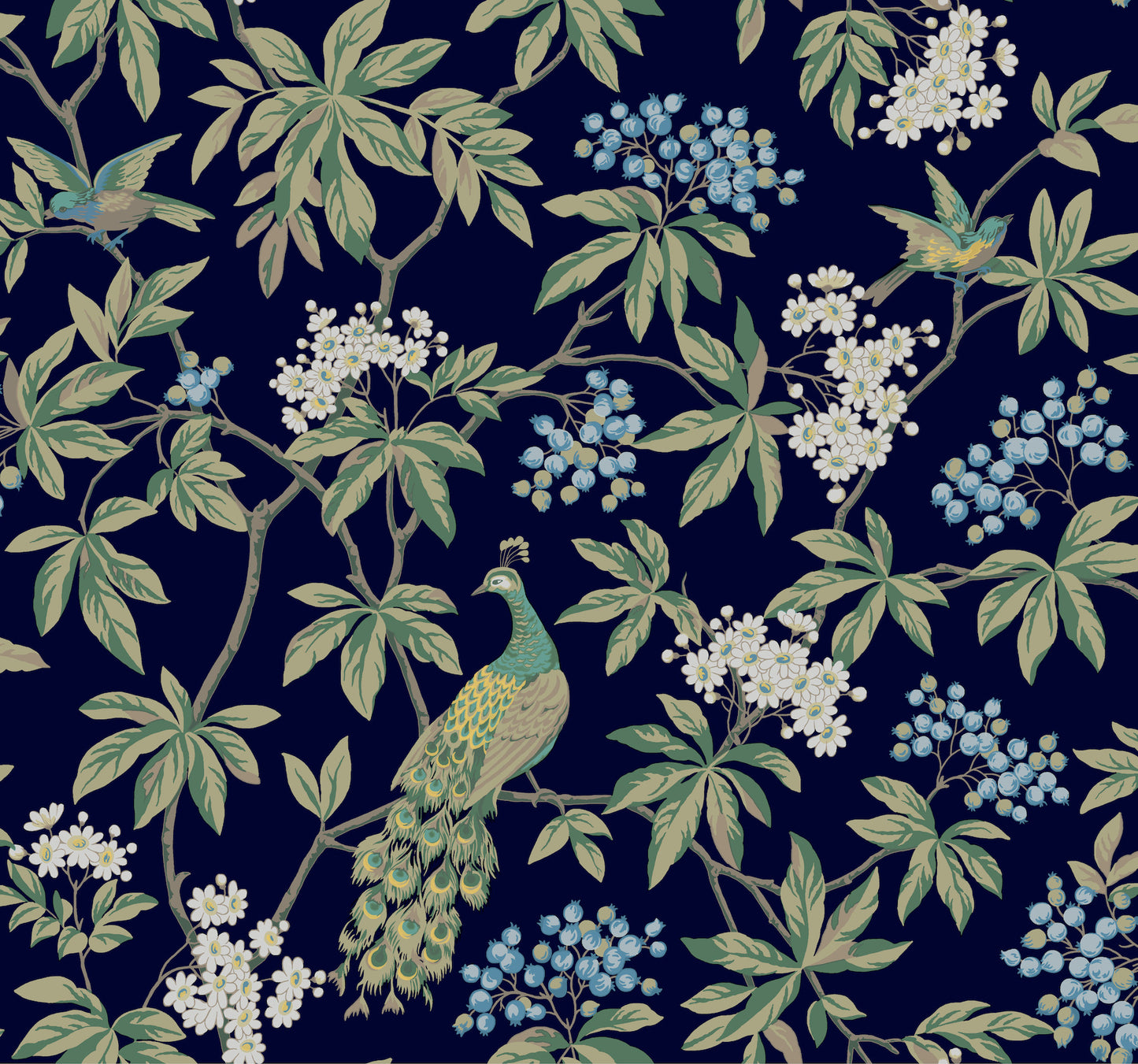York Wallcoverings Astoria Peacock Estate Navy Wallpaper Traditional Animals and Insects Blues   - MX9661