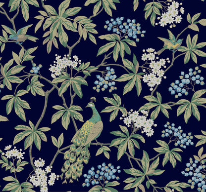 York Wallcoverings Astoria Peacock Estate Navy Wallpaper Traditional Animals and Insects Blues   - MX9661