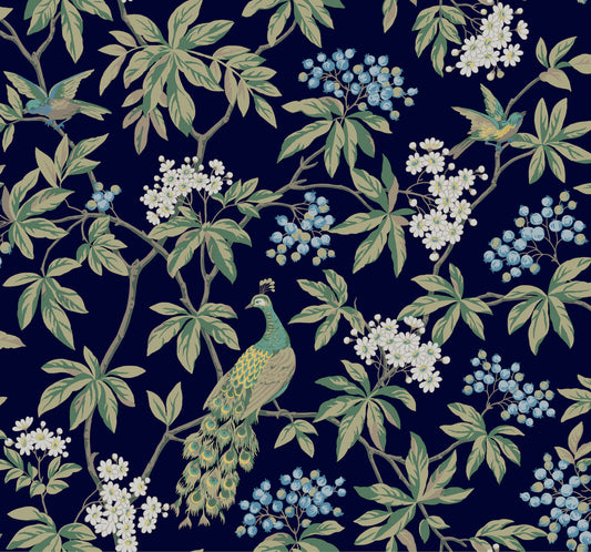 York Wallcoverings Astoria Peacock Estate Navy Wallpaper Traditional Animals and Insects Blues   - MX9661