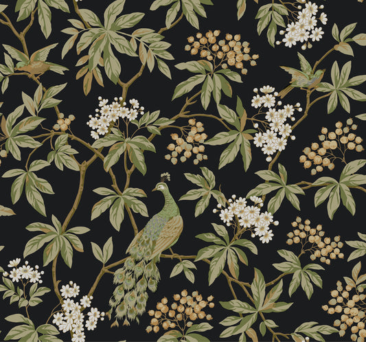 York Wallcoverings Astoria Peacock Estate Black Wallpaper Traditional Animals and Insects Blacks   - MX9662