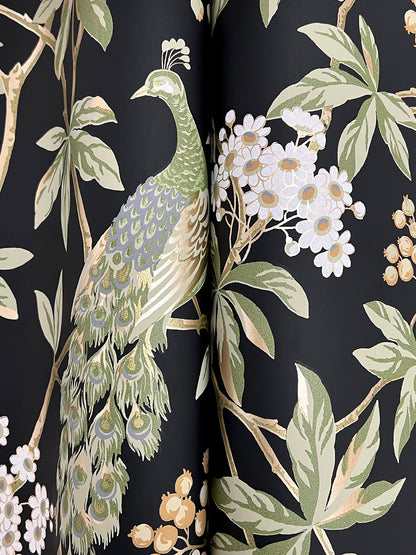 York Wallcoverings Astoria Peacock Estate Black Wallpaper Traditional Animals and Insects Blacks   - MX9662