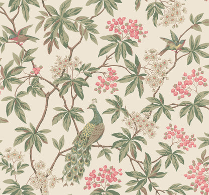 York Wallcoverings Astoria Peacock Estate Cream Wallpaper Traditional Animals and Insects Greens   - MX9665