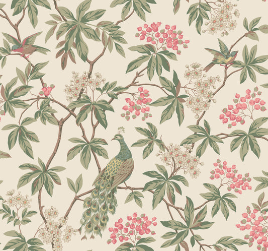 York Wallcoverings Astoria Peacock Estate Cream Wallpaper Traditional Animals and Insects Greens   - MX9665
