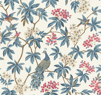 York Wallcoverings Astoria Peacock Estate White Wallpaper Traditional Animals and Insects Blues   - MX9666