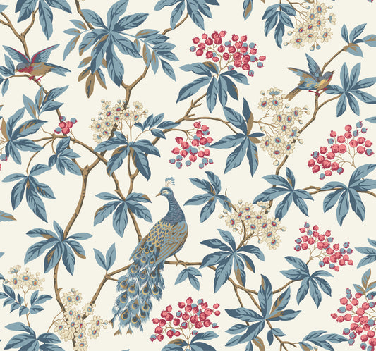 York Wallcoverings Astoria Peacock Estate White Wallpaper Traditional Animals and Insects Blues   - MX9666