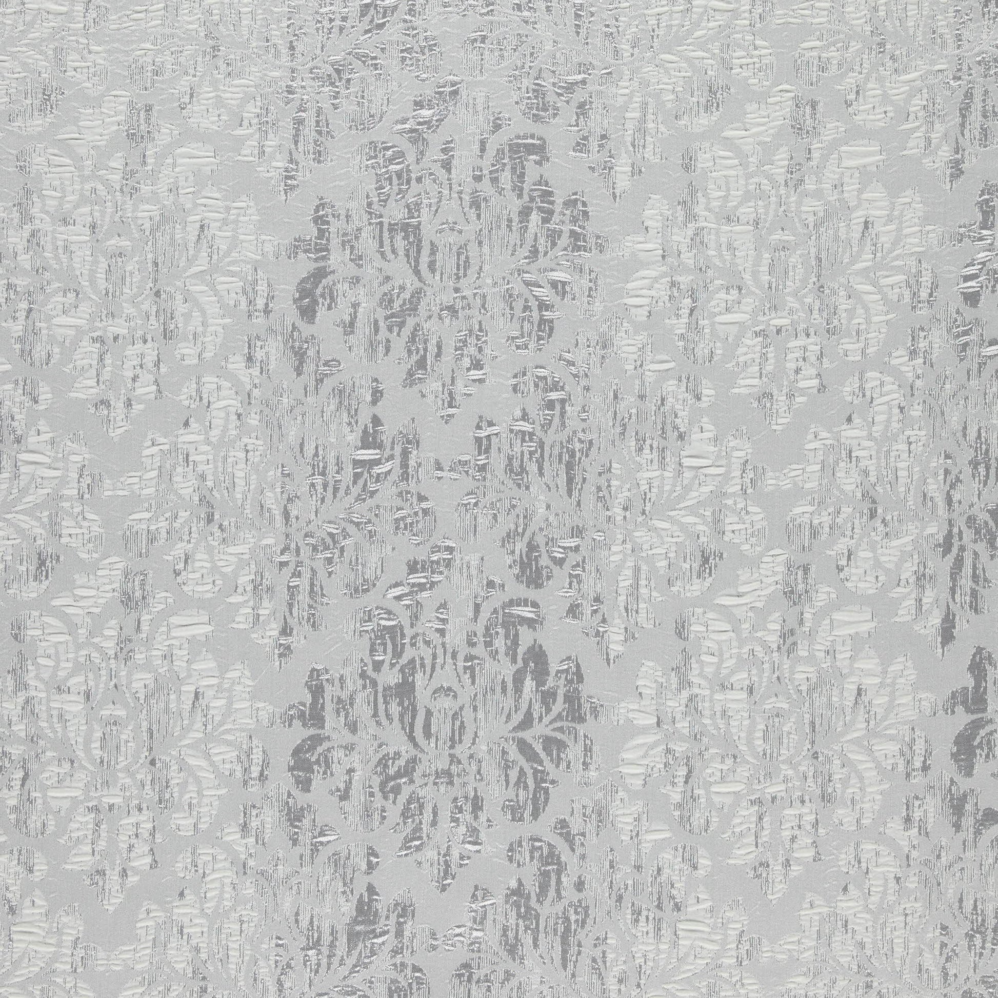 Grey damask fabric with metallic-silver floral jacquard pattern.