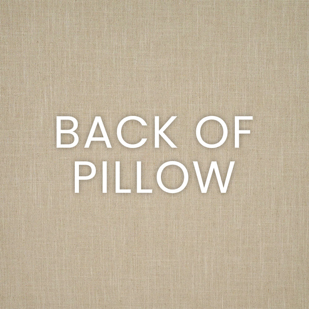 Beige sand-colored linen background with large white text reading BACK OF PILLOW.