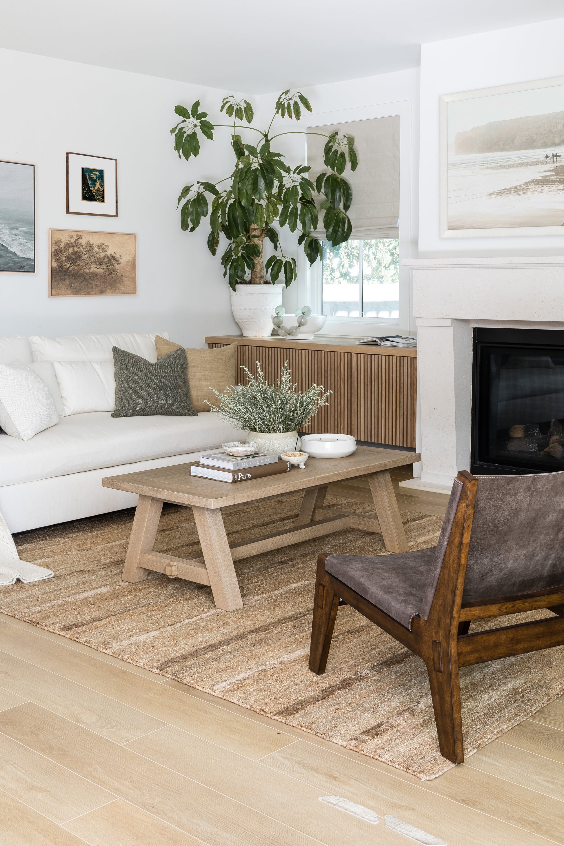Bright living room with white sofa, light wood coffee table, tall fiddle-leaf fig in white pot, beige jute rug, fireplace.