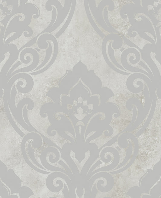 Seabrook Designs  Vogue Damask Damask Mid Century Metallic Silver , Greige   - NE50108