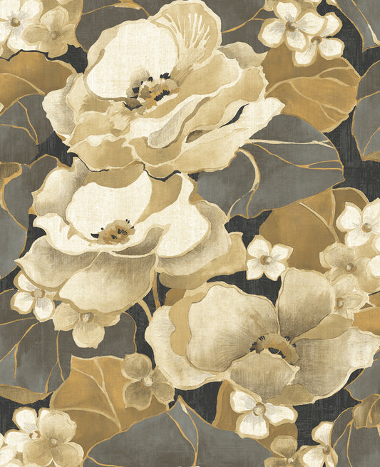 Seabrook Designs  Adorn Floral Mid Century Metallic Gold & Ebony   - NE50500