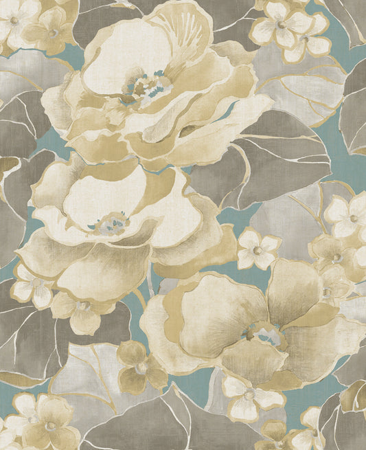 Seabrook Designs  Adorn Floral Mid Century Metallic Gold, Teal, , Greige   - NE50502