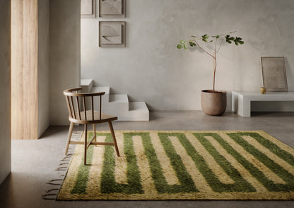 Minimalist living room featuring a green and beige striped rug, wooden spindle chair, and potted plant.