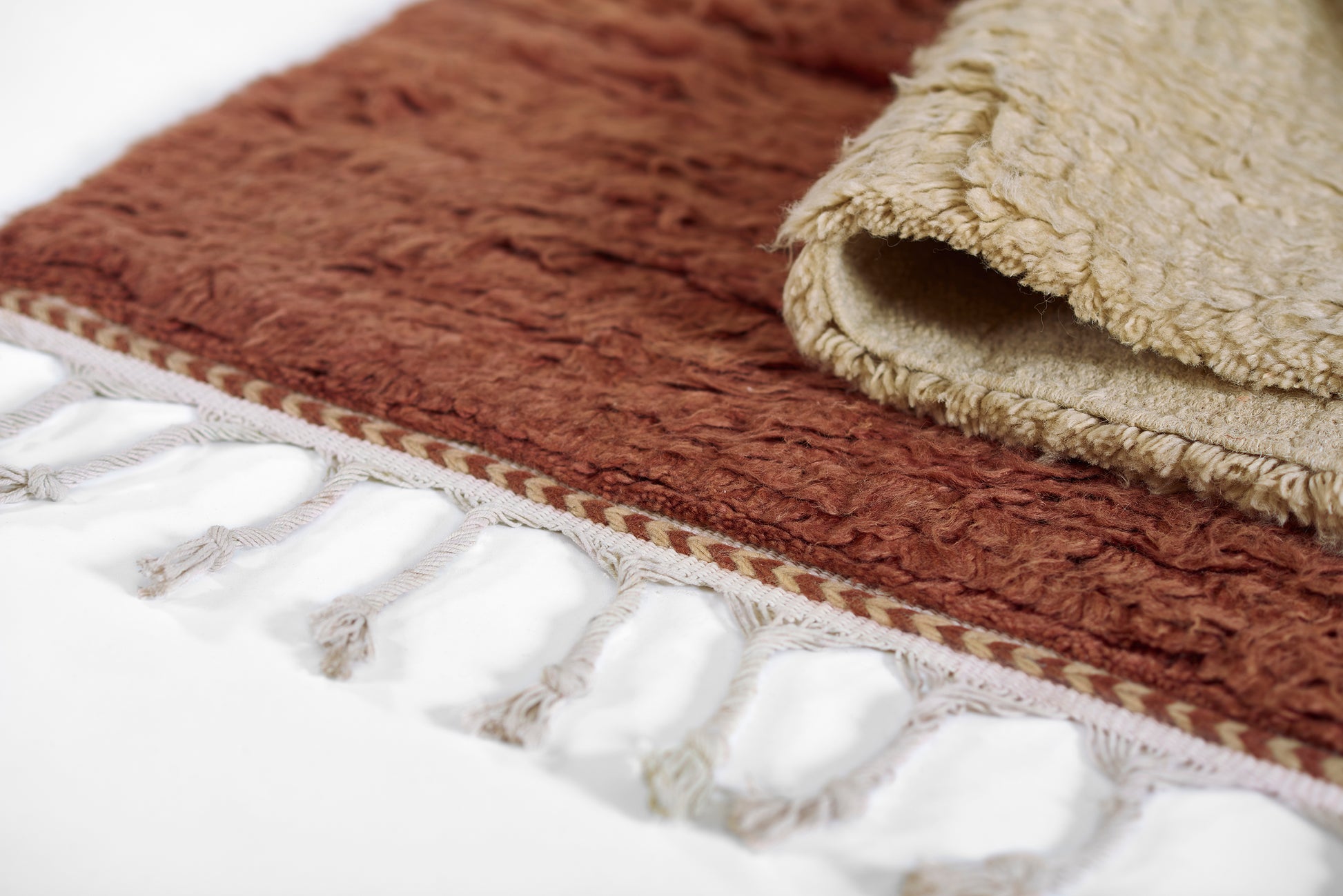 Rust shag rug with cream tassel fringe and beige braided edge; cozy textured floor mat.