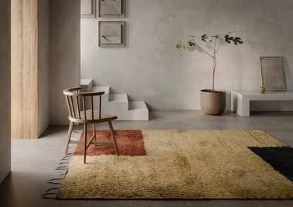 Warm wood Windsor chair on a textured beige rug with color blocks; potted plant, concrete floor, minimalist grey walls.