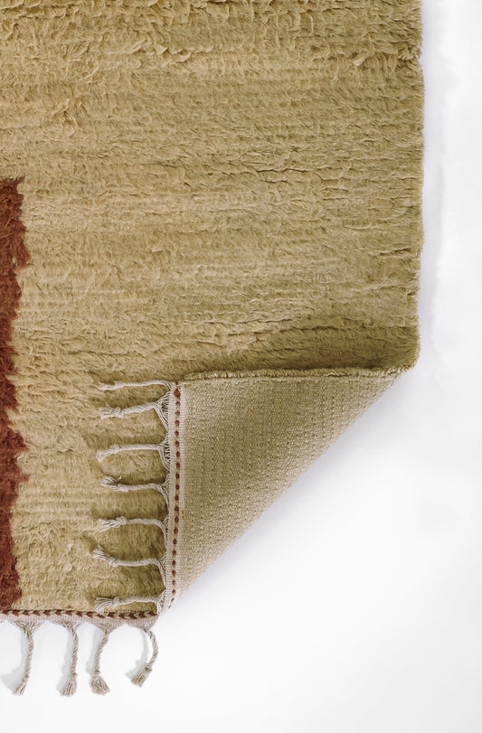 Beige shag rug with plush pile, subtle red border, and tasseled fringe along one end; woven underside visible.