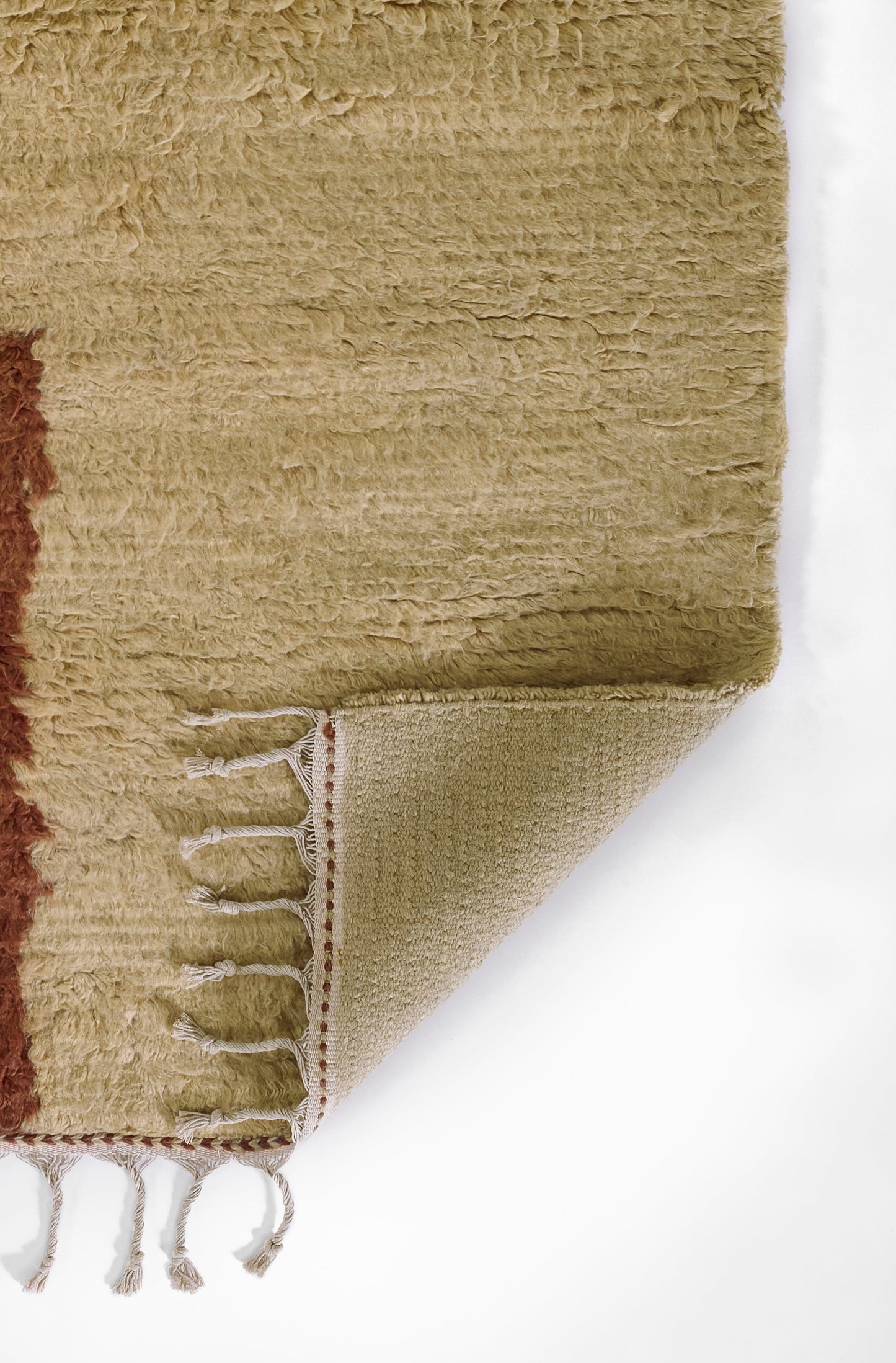 Beige shag rug with rust stripe and fringed edge; plush pile and woven underside.