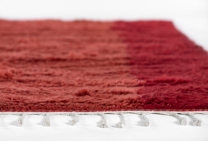 Deep red shag runner with white tassel fringe along the edge; plush, textured pile, 3' x 8'.