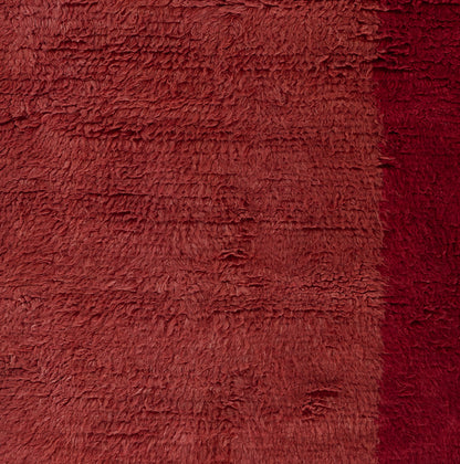 Deep red shag rug with long plush pile and a darker burgundy side stripe, soft and cozy floor decor.