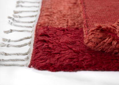 Red shag rug with plush burgundy pile and cream twisted fringe along edge; cozy floor decor.