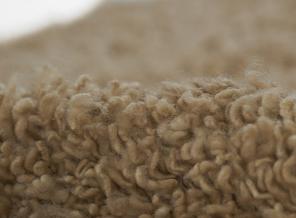 Beige shag rug close-up with plush curly loop pile in warm tan for cozy living room decor.