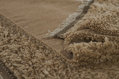Beige shag rug close-up with fluffy pile, woven border and fringe; soft neutral living-room mat.