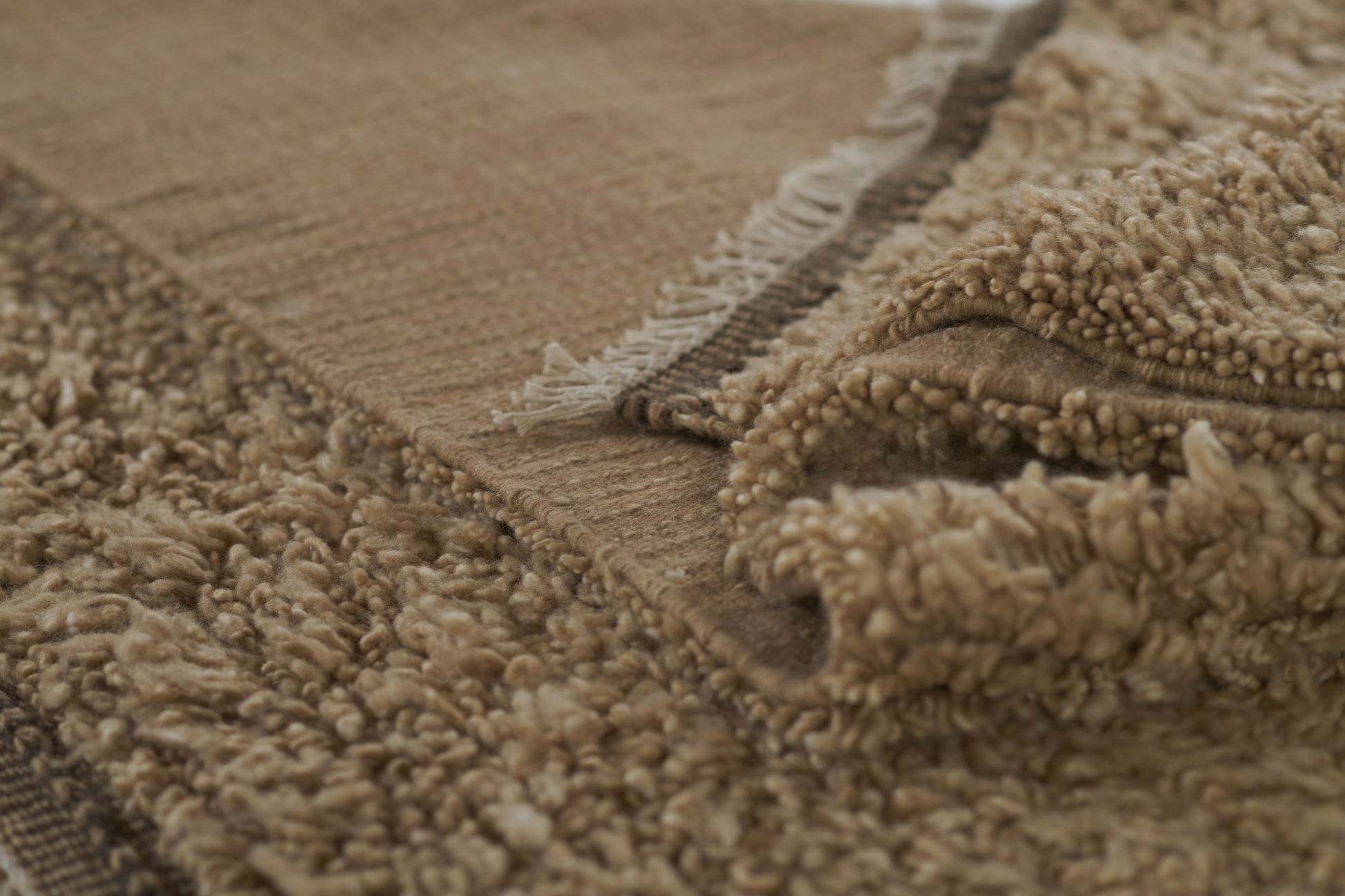 Beige shag rug with plush pile, fringe edge and woven border for cozy living room decor.