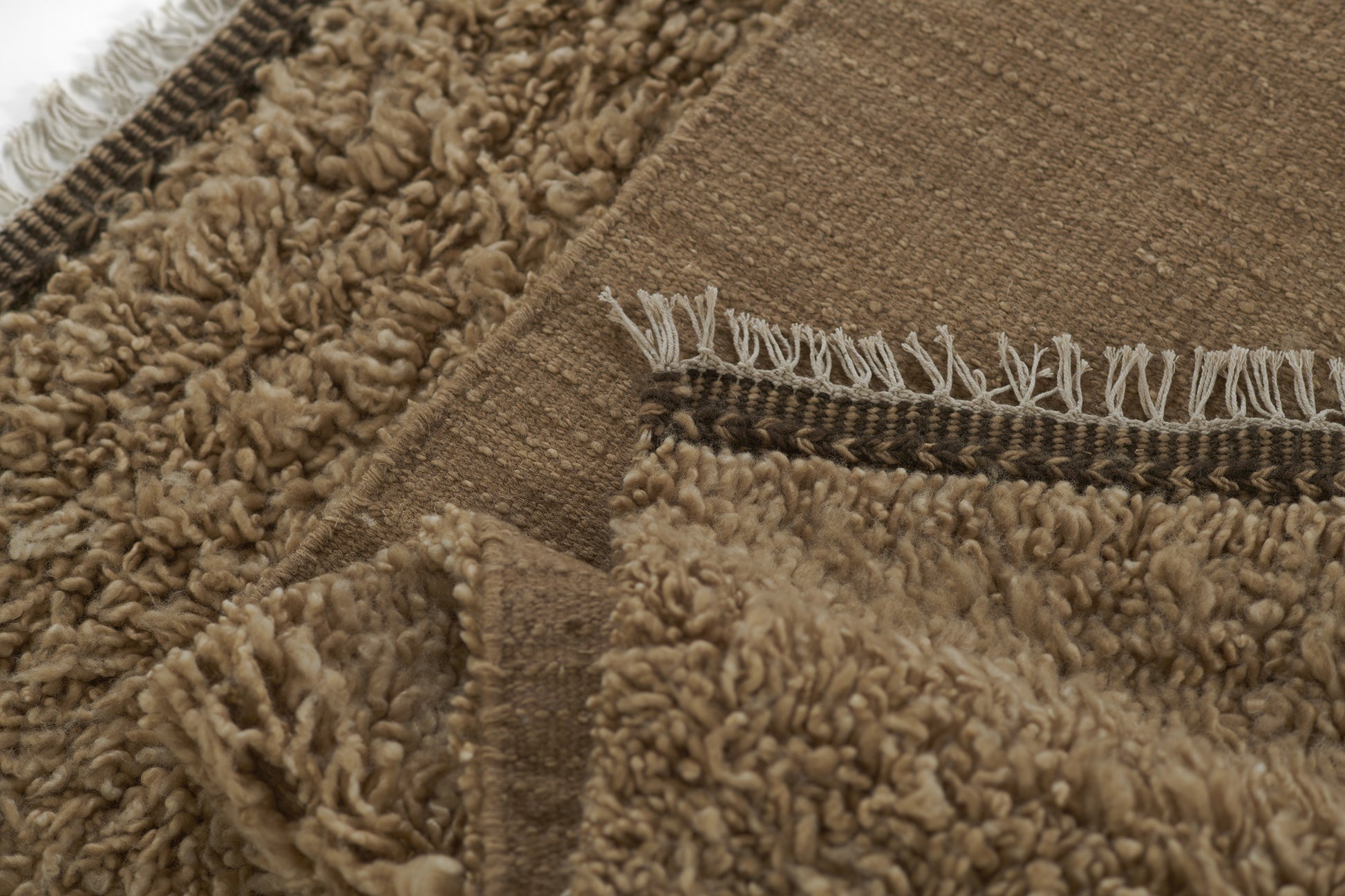 Natural beige shag rug with plush pile, dark woven border and white fringe for cozy living space.