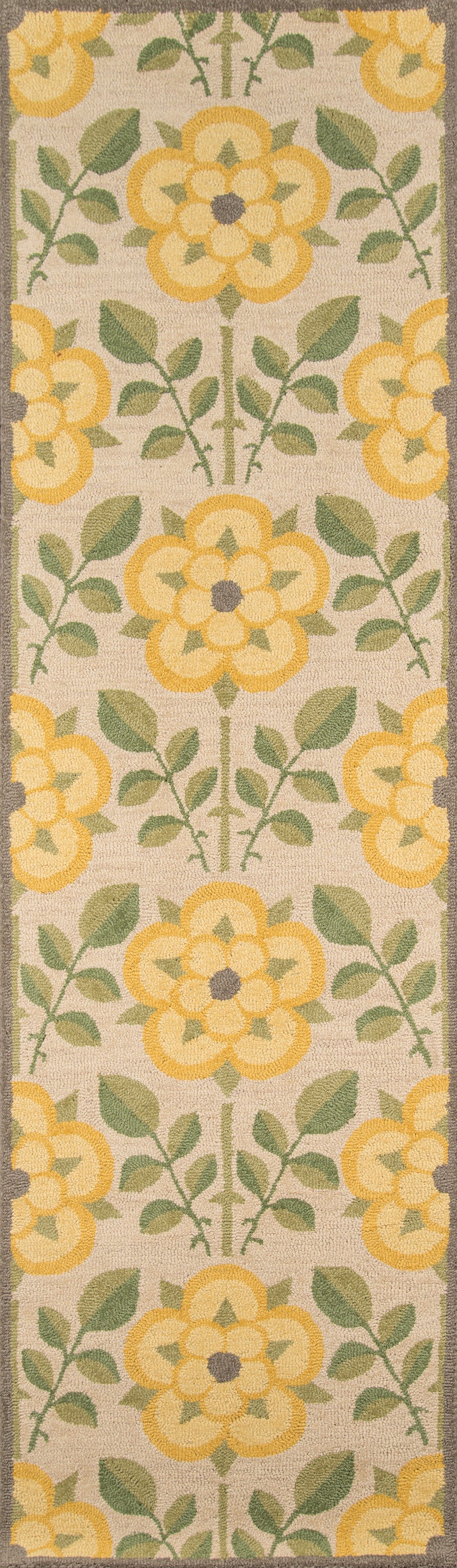 Long beige woven rug with repeating yellow flower bouquets and green leaves, gray border.