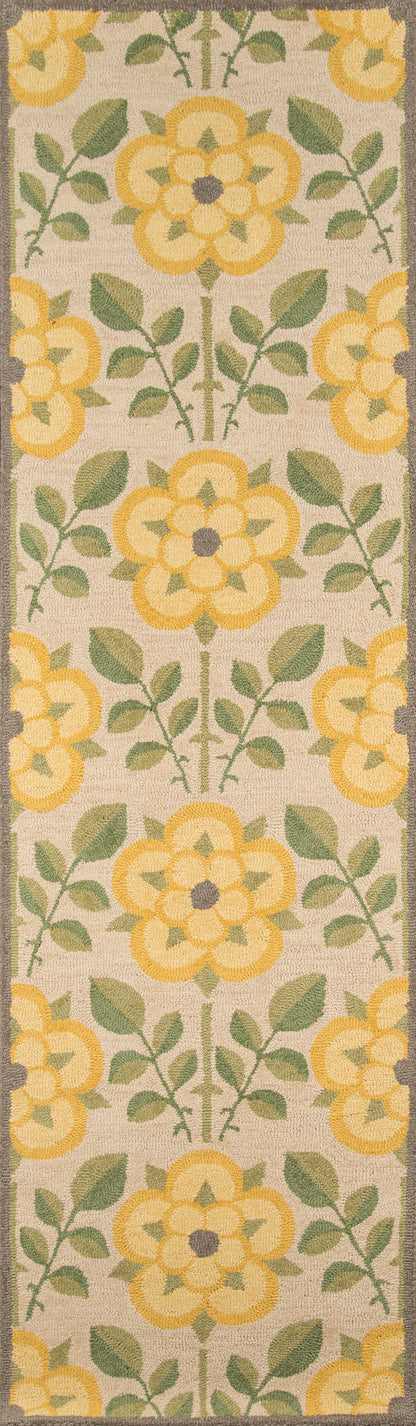 Beige rug with repeating yellow floral motifs and green leaves, edged in gray.