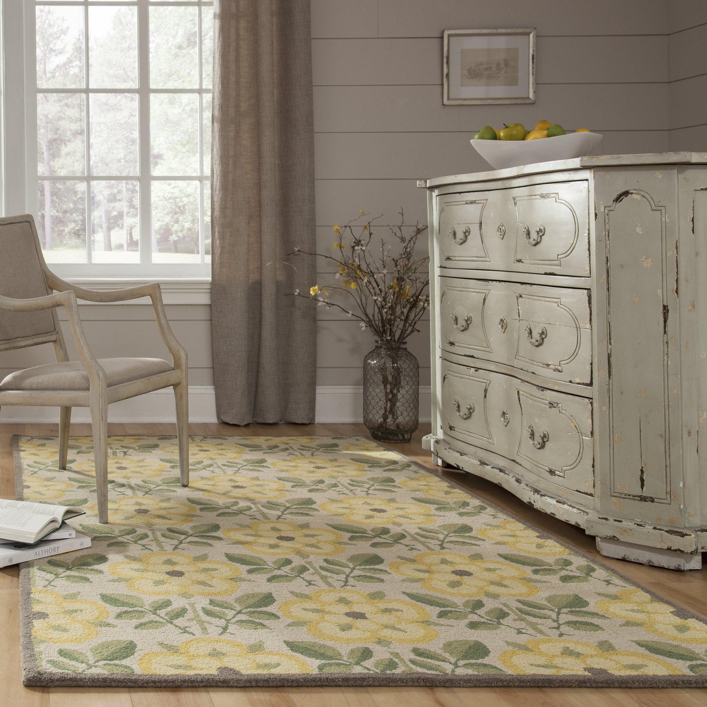 5' x 8' yellow-green rug in a country room setting.
