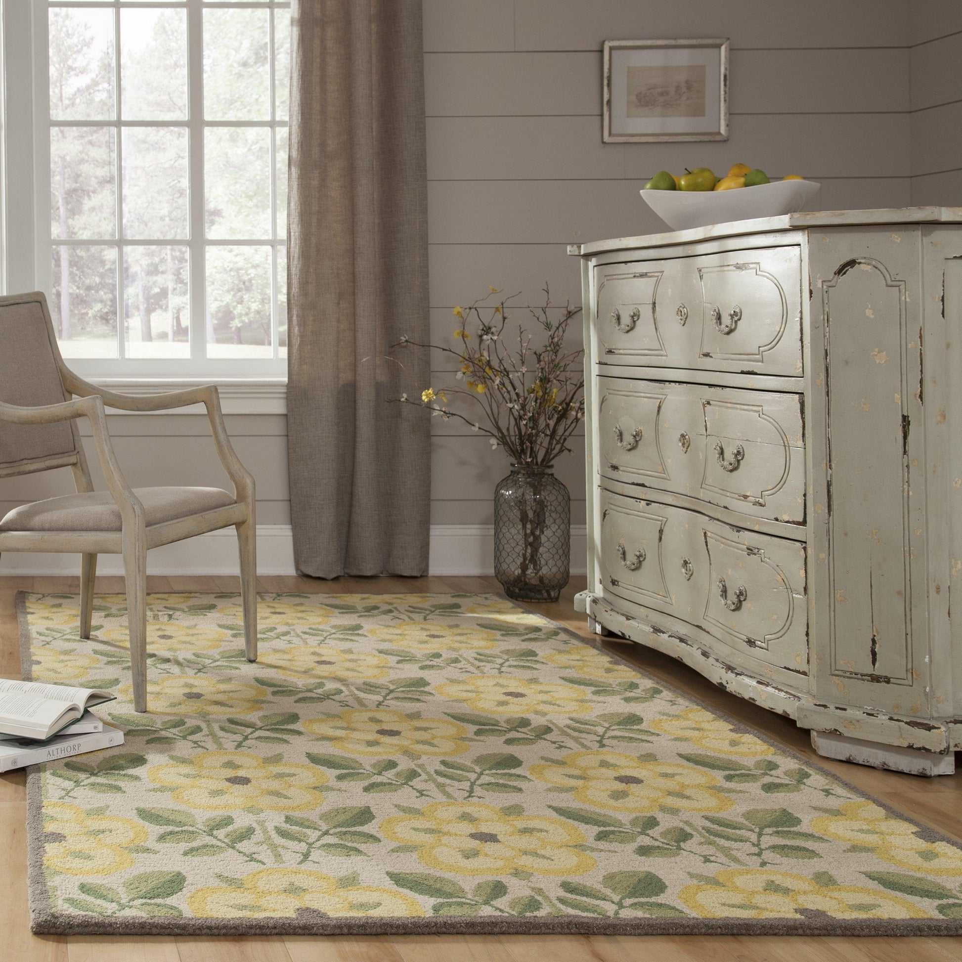 5' x 8' yellow-green rug in a country room setting.