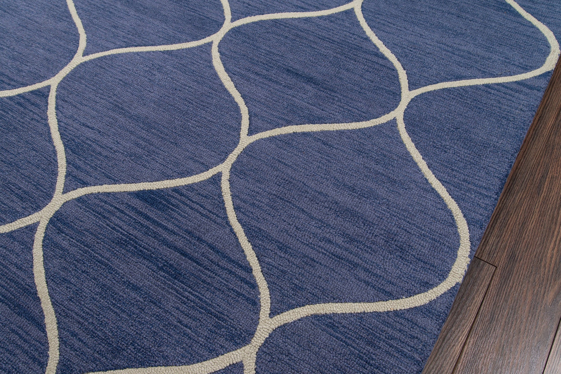 Blue rug with cream curved lines forming abstract shapes, near wooden floor edge.