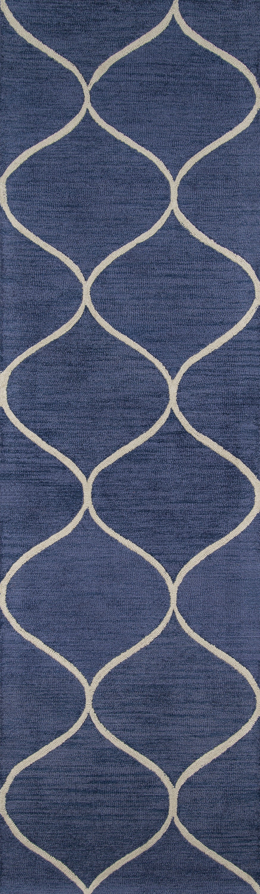 Blue rug with cream trellis pattern.
