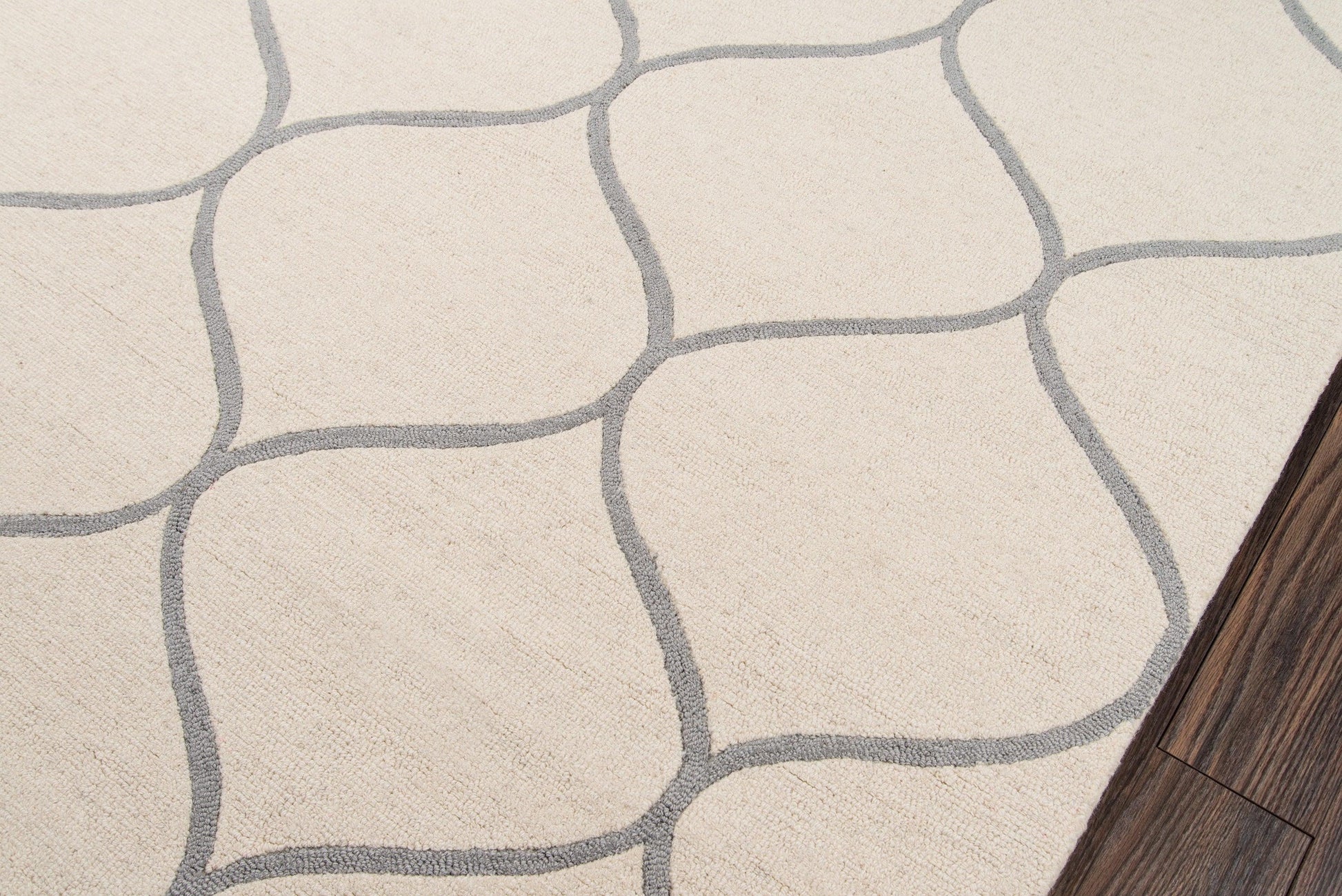 Beige area rug with gray irregular stone-grid pattern; soft woven texture, dark wood floor edge.
