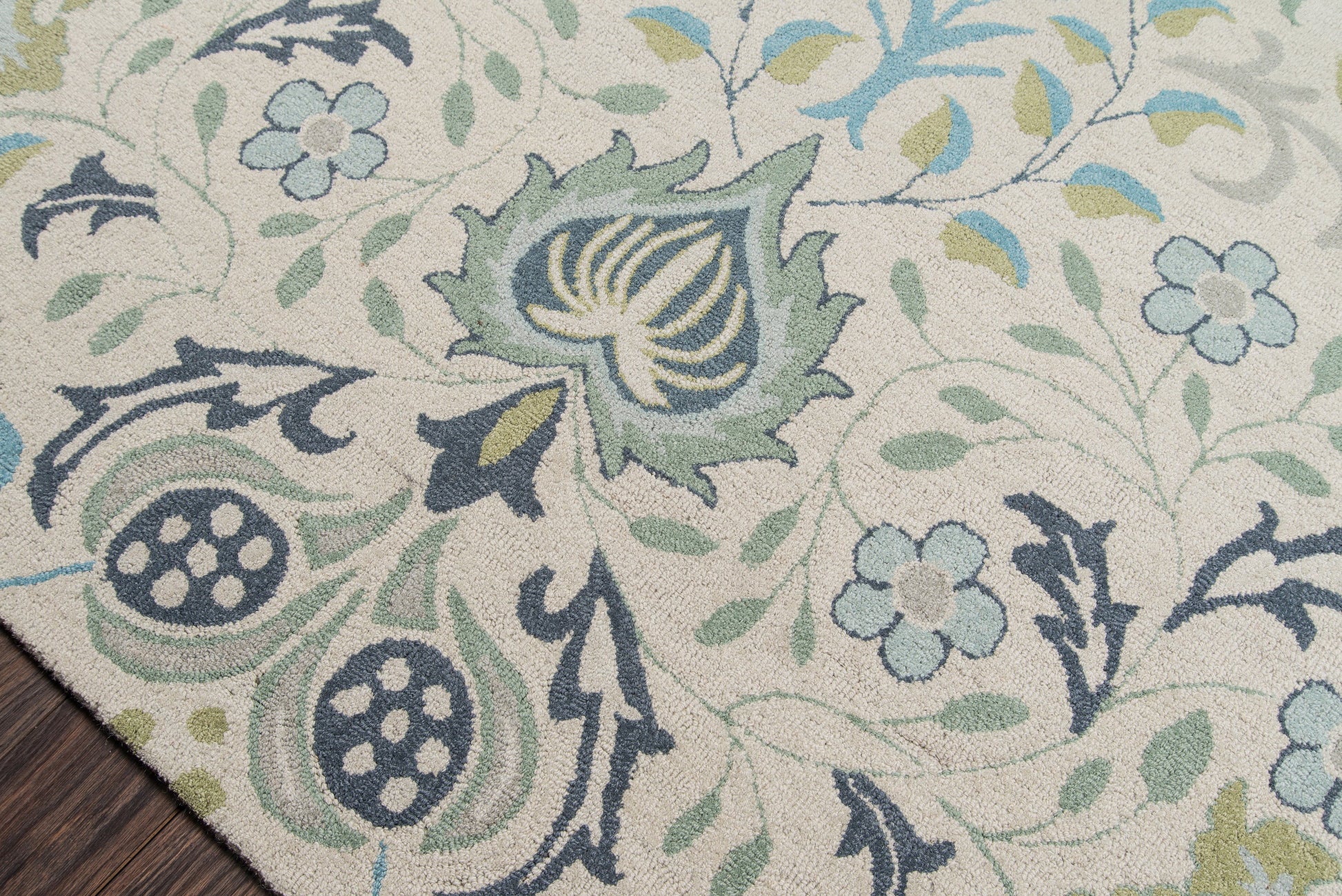 NEWPONP-12BLU rug featuring blue and green floral damask pattern on beige, tufted woven pile for indoor use.