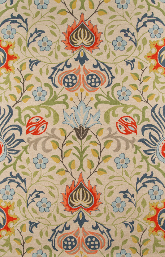 Repeating floral wallpaper pattern with red flame-like motifs, blue teardrops, green vines on a beige background.