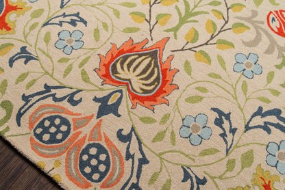 Beige area rug with multicolor botanical pattern: blue blossoms, orange-red accents, green vines; traditional style.