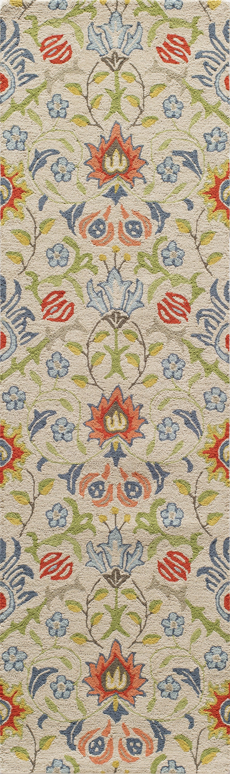 Cream oriental runner rug with colorful floral medallions in red, blue, green and yellow; woven pile.