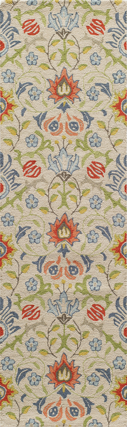 Beige oriental rug with multicolor floral medallions in red, blue, green and yellow; blurred patches.