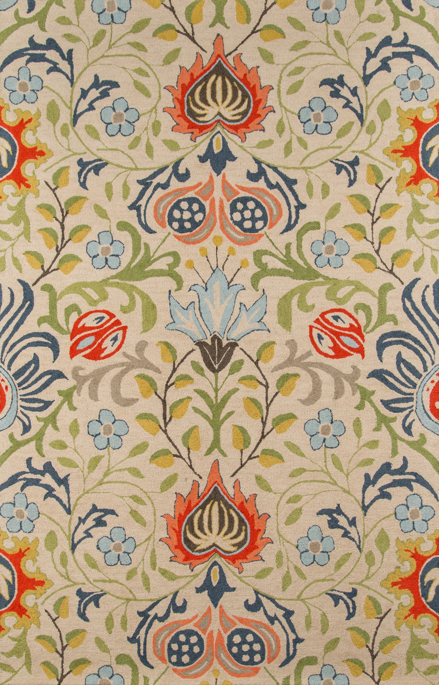 Intricate repeating floral textile pattern on pale beige background with blue, teal, orange-red motifs and green vines.
