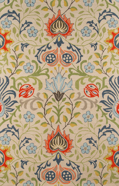 Beige wallpaper with ornate symmetrical damask floral motif in red, blue, and green.
