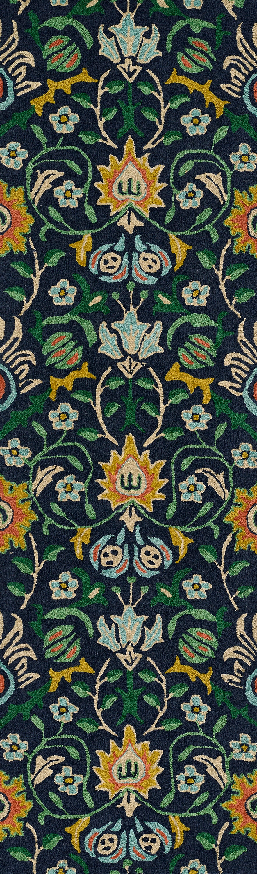 Navy blue rug pattern with ornate multicolor floral damask motifs, green vines, teal and cream petals, yellow accents.