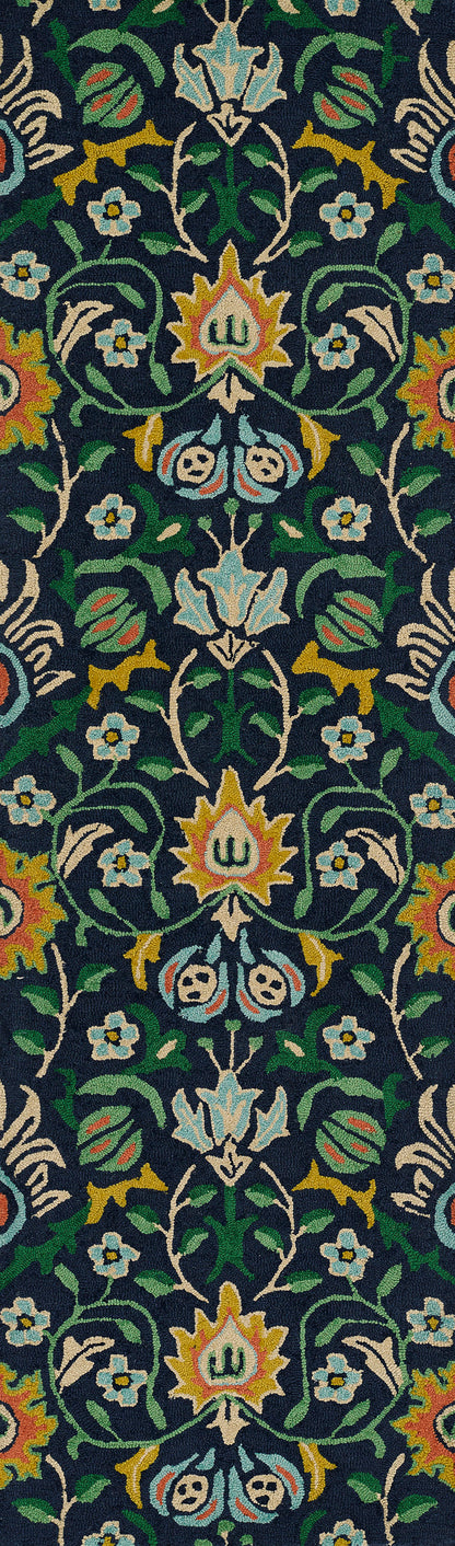 Navy blue rug pattern with ornate multicolor floral damask motifs, green vines, teal and cream petals, yellow accents.