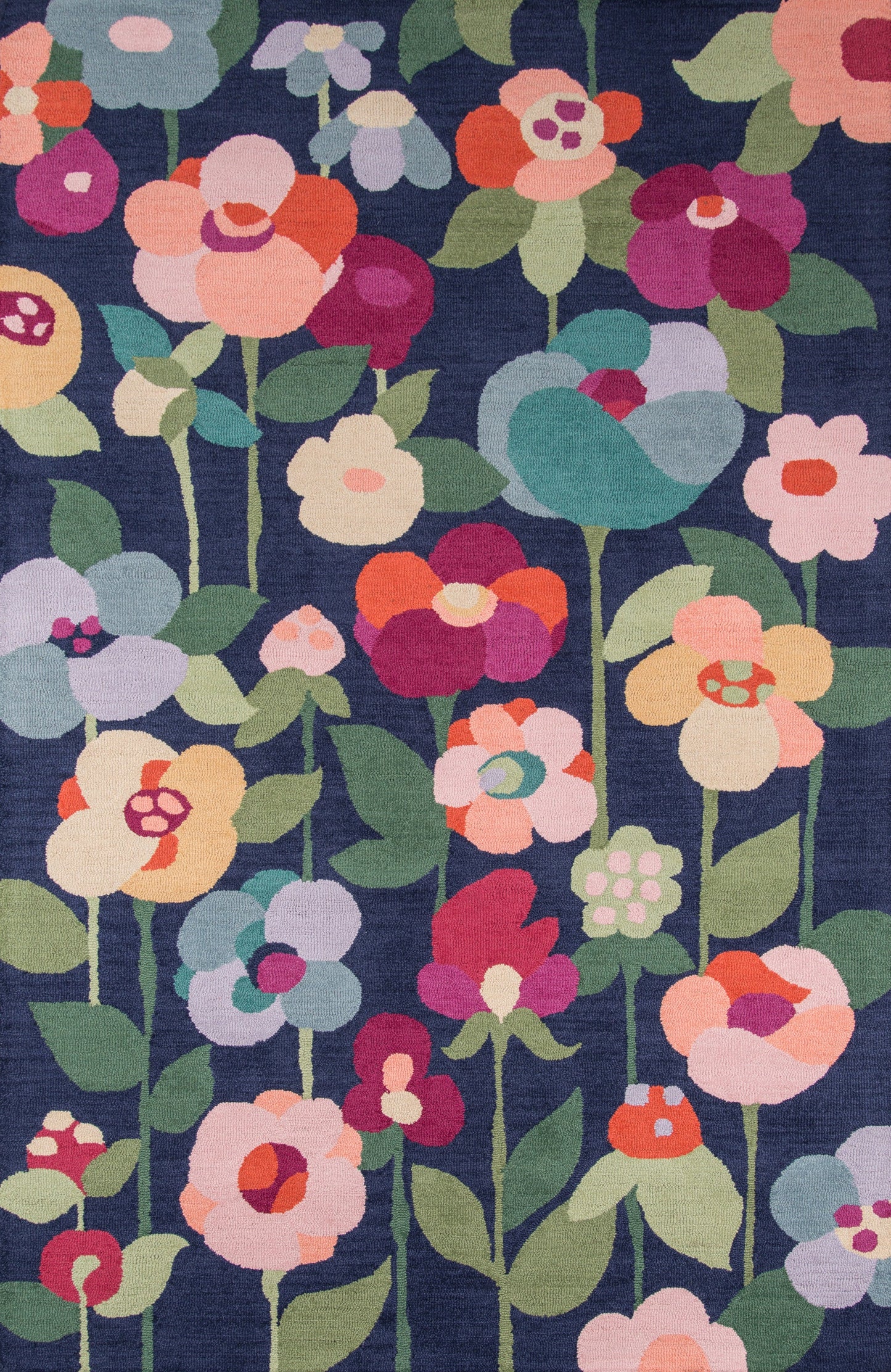 Navy rug with bright multicolor flowers and green leaves; bold floral pattern for floors; size 9' x 12'.
