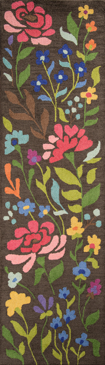 Brown runner rug with large pink, blue and yellow flowers, green leaves; colorful tufted floral pattern.